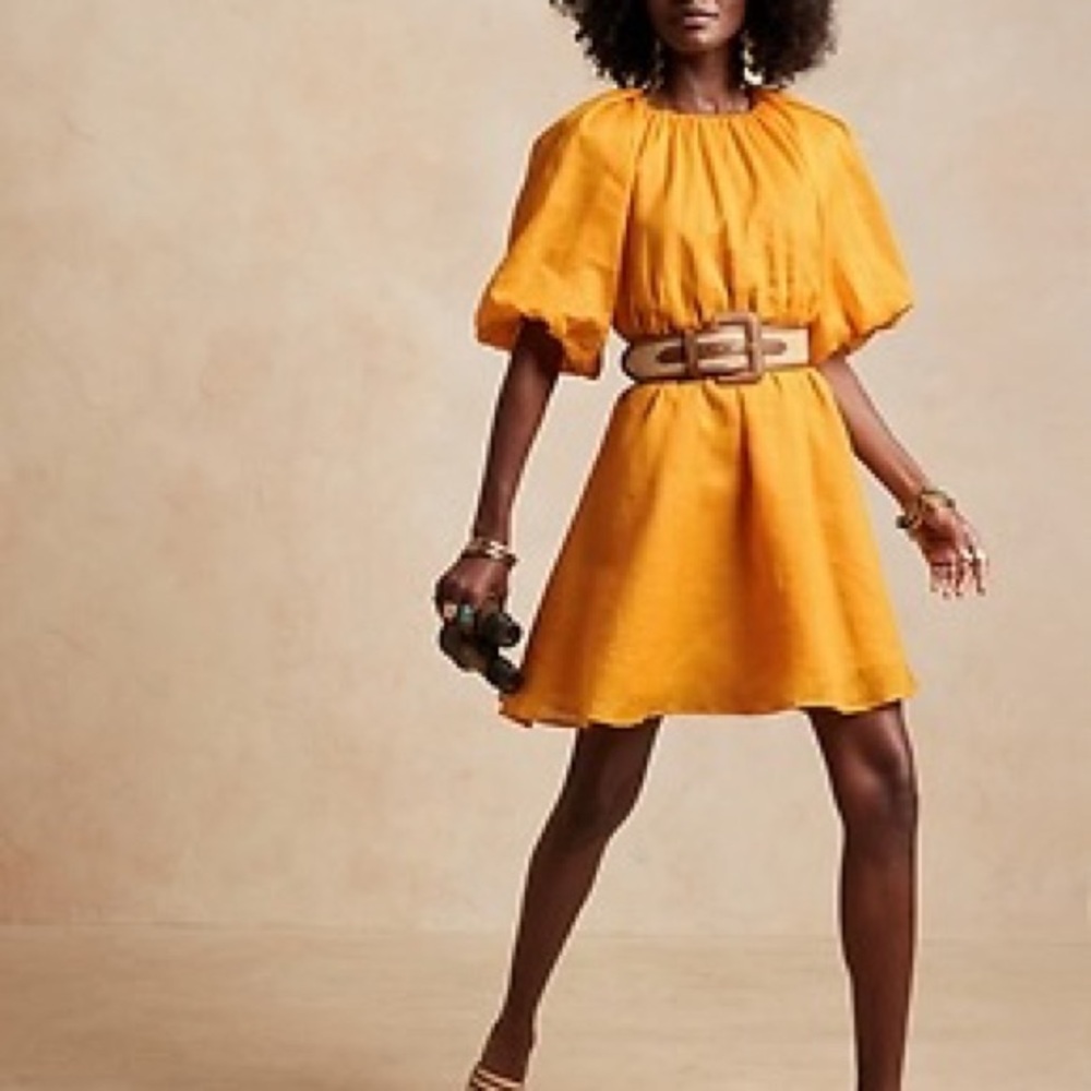 Banana Republic Yellow Ruched Puff Sleeve Mini Dress